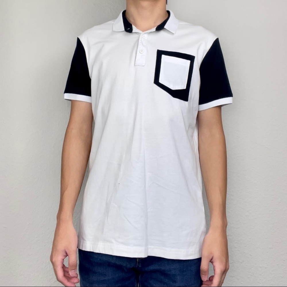 White & Black Collared Asymmetric Pocket-Tee Shirt